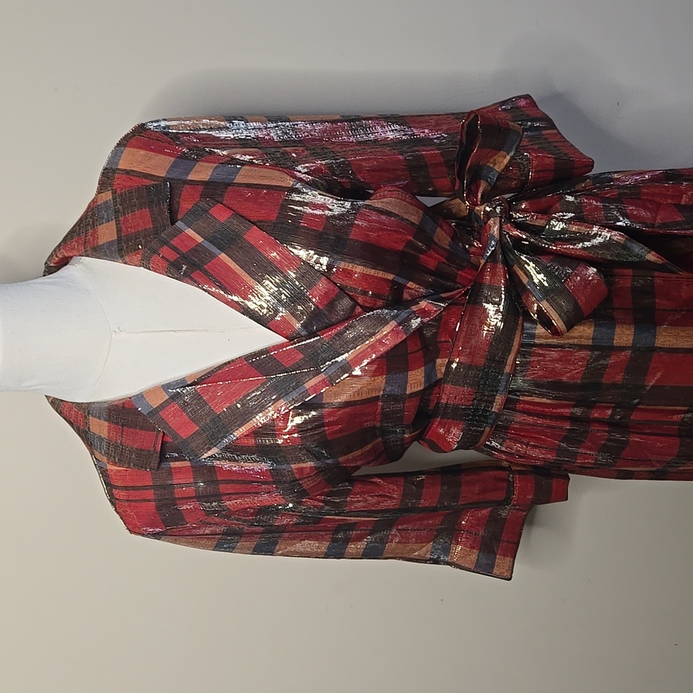 Alice + Olivia Red Metallic Plaid Faux-Wrap Maxi Dress Silk Blend Size 4 Holiday - Picture 4 of 9